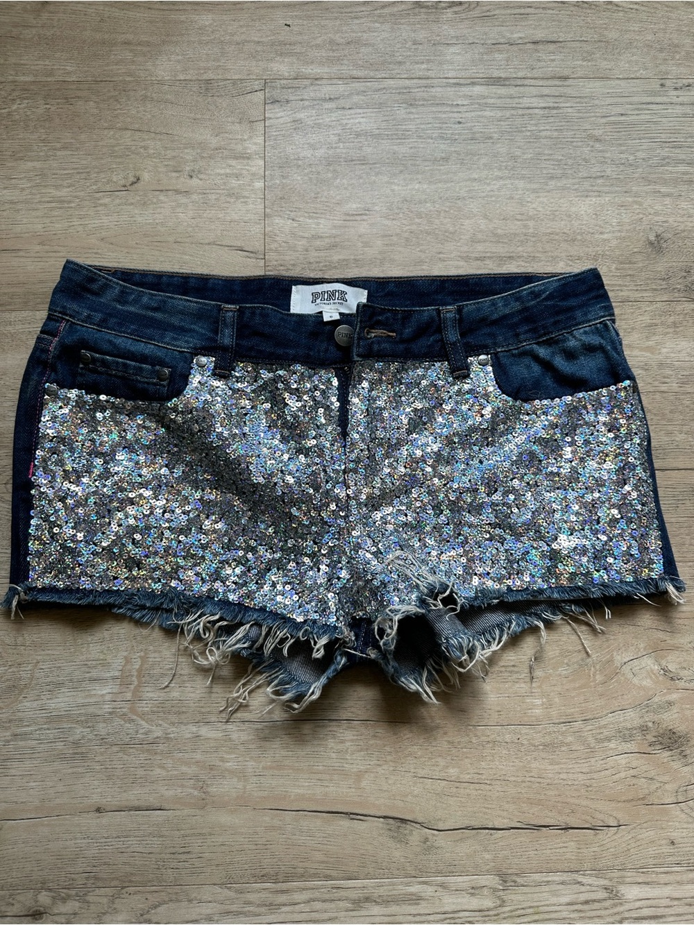PINK Victoria's Secret Dark Blue Denim Shorts with Iridescent Silver Sequins